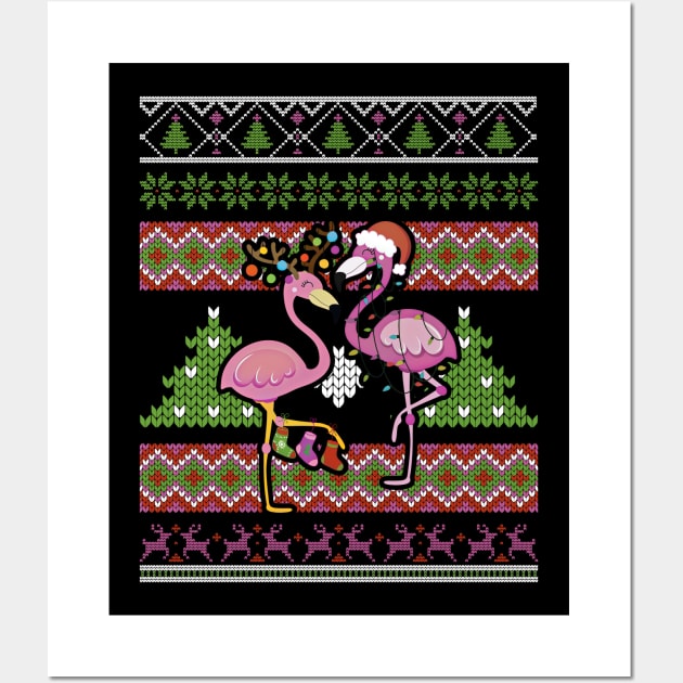 Merry Christmas Hat Santa Flamingo Light Snow Xmas Pajamas Wall Art by Happy Shirt